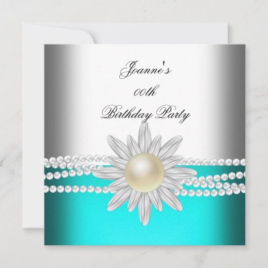 Invitation Fleur de perle blanche bleue sarcelle d'anniversai (Devant)