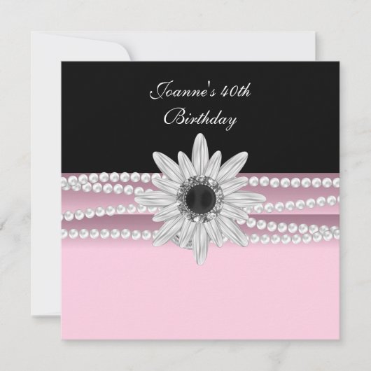 Invitation Fleur de perle rose noire blanche pour 40e anniver (Devant)