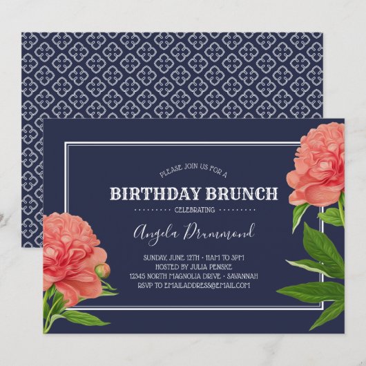 Invitation Fleur de pivoine Anniversaire Brunch Bleu (Devant / Derrière)