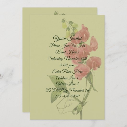 Invitation Fleur de pois doux rose (Devant / Derrière)