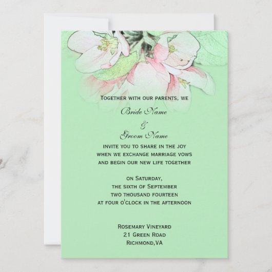 Invitation Fleur de pomme rose pâle en mariage vert (Devant)
