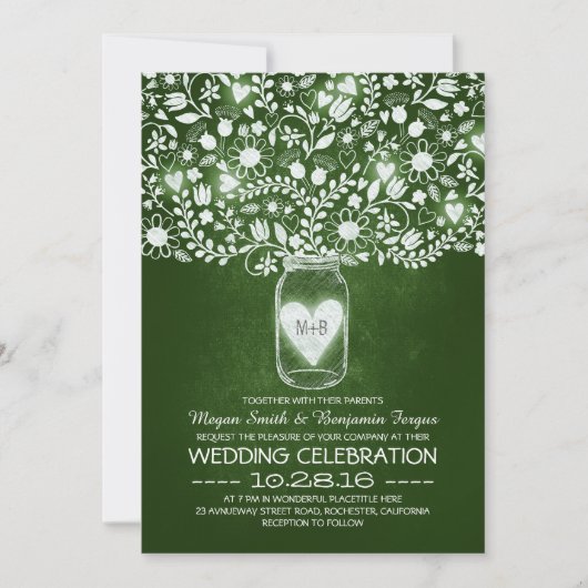 Invitation Fleur de pot de mason vert mariage (Devant)
