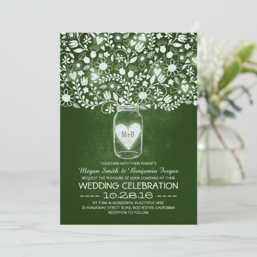 Invitation Fleur de pot de mason vert mariage (Debout devant)