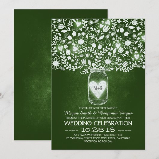 Invitation Fleur de pot de mason vert mariage (Devant / Derrière)