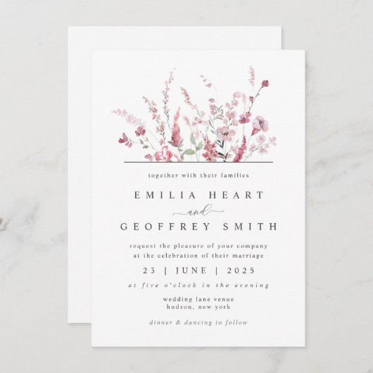 Invitation Fleur de prairie sauvage Dusty Rose rose Mariage m (Devant / Derrière)