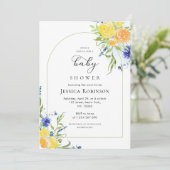 Invitation Fleur de printemps frais en Baby shower bleu et ja (Debout devant)