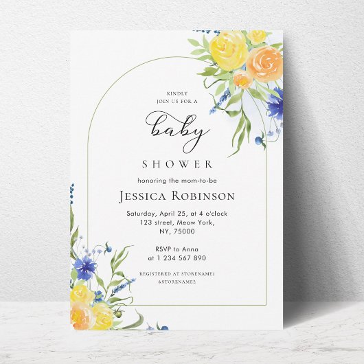 Invitation Fleur de printemps frais en Baby shower bleu et ja