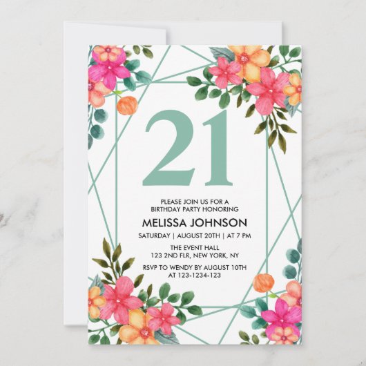 Invitation Fleur de printemps rose chic 21e anniversaire (Devant)
