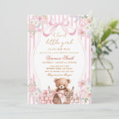 Invitation Fleur de rose à rayures rose ours bébé douche (Debout devant)