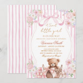 Invitation Fleur de rose à rayures rose ours bébé douche (Devant / Derrière)