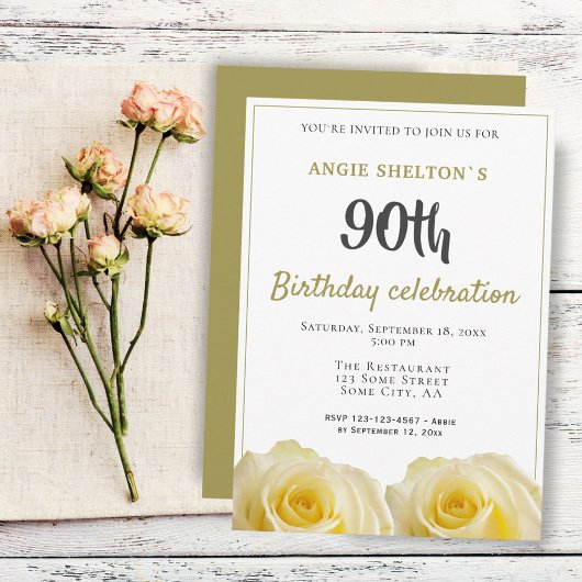 Invitation Fleur de rose jaune 90e fête d'anniversaire