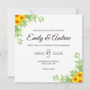 Invitation Fleur de Rose Jaune Aquarelle Carré Mariage