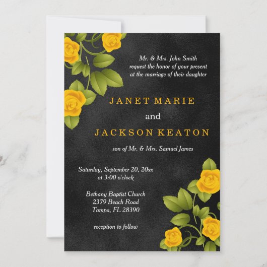 Invitation Fleur de rose noire et jaune Mariage (Devant)