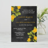 Invitation Fleur de rose noire et jaune Mariage (Debout devant)