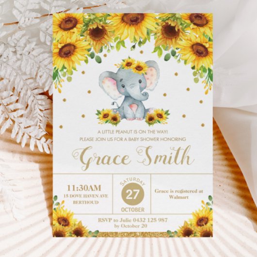 Invitation Fleur de soleil éléphant Baby shower floral fille