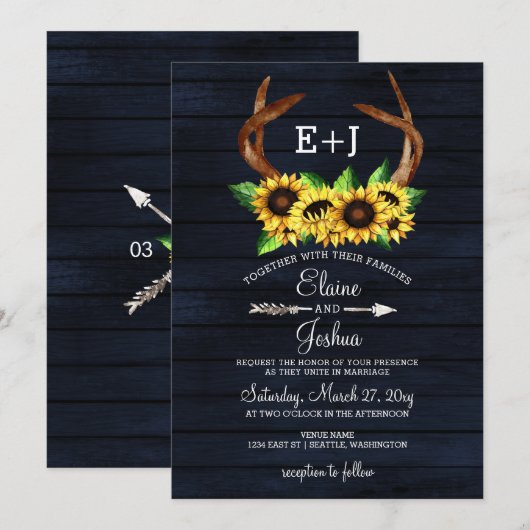 Invitation Fleur de soleil en fleurs Antlers Pays Chic Mariag (Devant / Derrière)