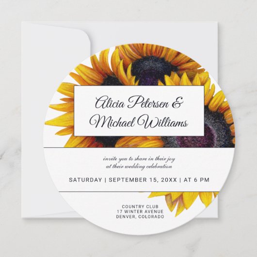 Invitation Fleur de soleil | Mariage moderne or et blanc (Devant)