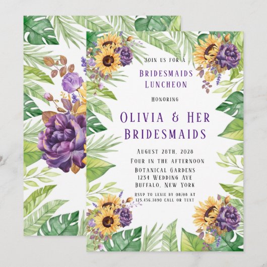 Invitation Fleur de soleil vert violet Floral Bridesmaids Déj (Devant / Derrière)