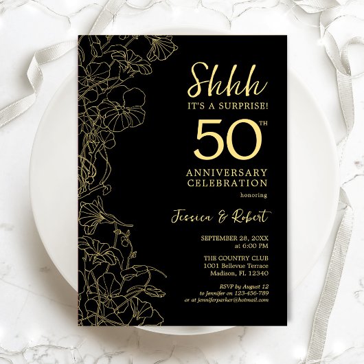 Invitation Fleur de Surprise Or Noir 50e Anniversaire