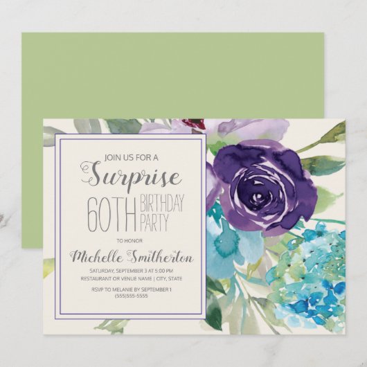 Invitation Fleur de Surprise Violet Bleu 60e Anniversaire (Devant / Derrière)