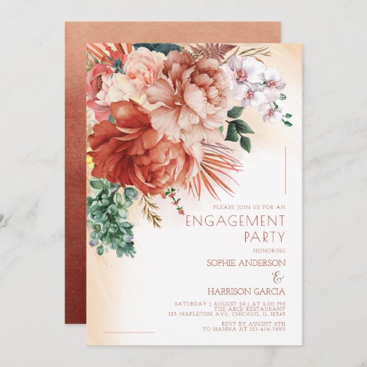 Invitation Fleur de terre cuite Pampas Fête d'engagement en h (Devant / Derrière)