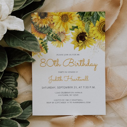 Invitation Fleur de tournesol 80e fête d'anniversaire