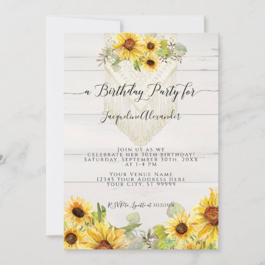 Invitation Fleur de tournesol feuille Macrame Boho fête d'ann (Devant)