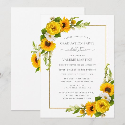 Invitation Fleur de tournesol jaune fête de graduation floral (Devant / Derrière)