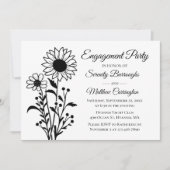 Invitation Fleur de tournesol noir blanc Parti d'engagement (Devant)