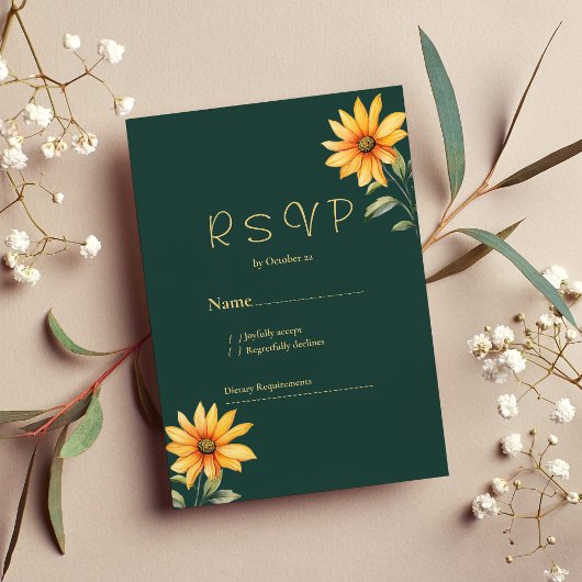 Invitation Fleur de tournesol or vert orange RSVP