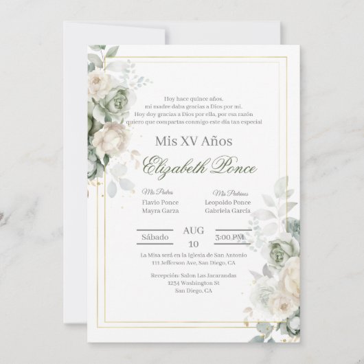 Invitation Fleur de vert sauge Quinceanera (Devant)