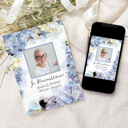 Invitation Fleur d'eau bleu Hydrangea Anniversaire de la mort