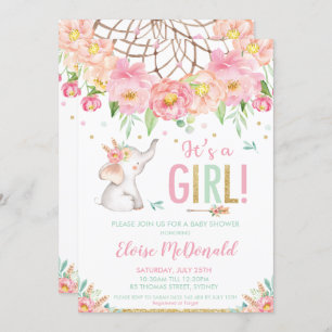 Invitation Fleur d'éléphant Baby shower Girl Boho Pink Mint F
