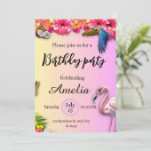 Invitation Fleur d'été tropicale et flamingo rose anniversair (Debout devant)