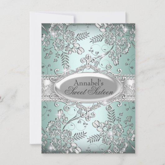 Invitation Fleur d'étincelle de Mint Silver Sweet 16 Invitati (Devant)