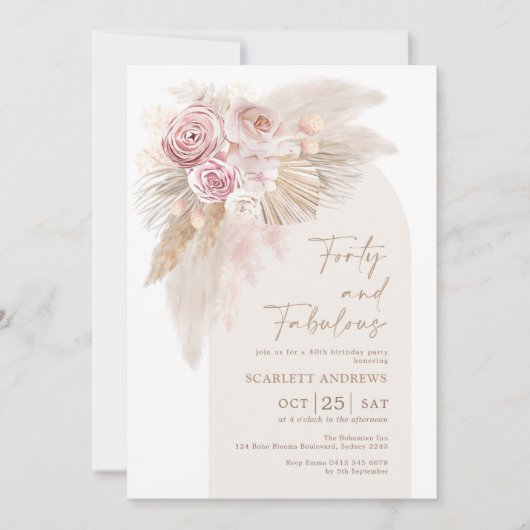 Invitation Fleur d'herbe Rustique Boho Pampas 40e anniversair (Devant)
