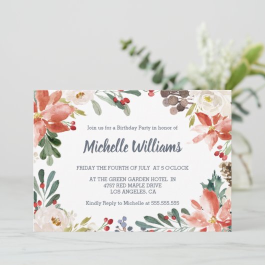 Invitation Fleur d'hiver Frame Berries feuilles anniversaire  (Debout devant)