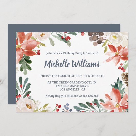 Invitation Fleur d'hiver Frame Berries feuilles anniversaire (Devant / Derrière)