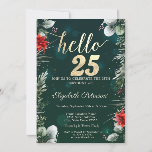 Invitation Fleur d'hiver Poinsettia Vert 25e anniversaire (Devant)