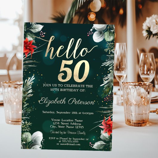 Invitation Fleur d'hiver Poinsettia Vert 50e anniversaire
