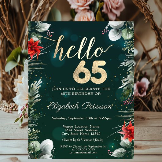 Invitation Fleur d'hiver Poinsettia Vert 65e anniversaire