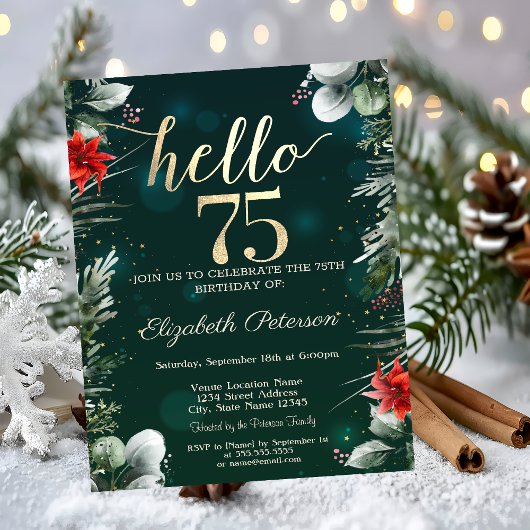 Invitation Fleur d'hiver Poinsettia Vert 75e anniversaire