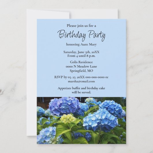 Invitation Fleur d'hortensia bleue pour fête d'anniversaire (Devant)
