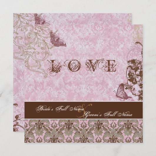 Invitation Fleur di Lys Damask Pink Brown Papillon Mariage (Devant / Derrière)