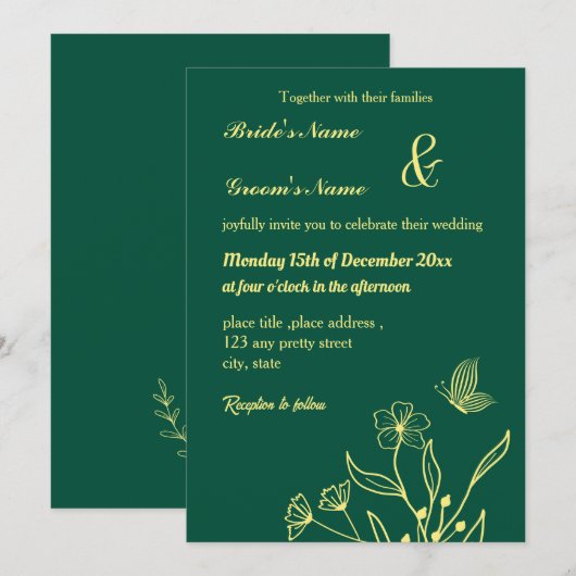 Invitation Fleur d'or élégante romantique vert émeraude (Devant / Derrière)