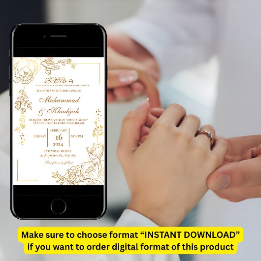 Invitation Fleur d'or Mariage musulman moderne Nikah