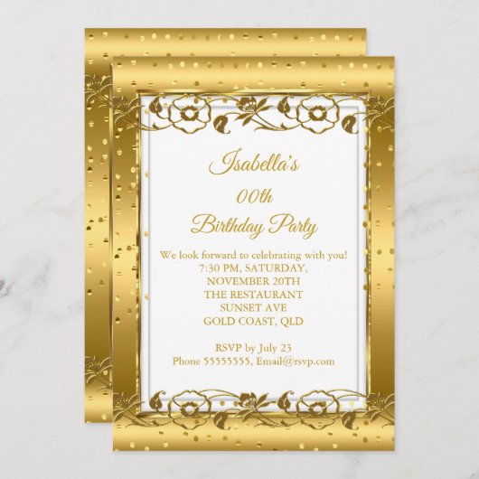 Invitation Fleur d'or Parties scintillant blanche fête d'anni (Devant / Derrière)