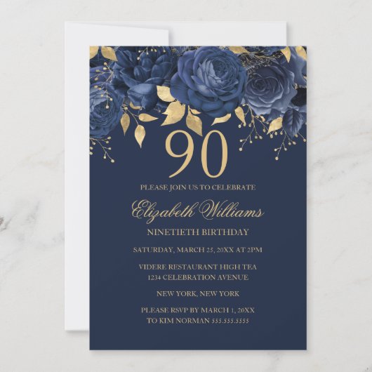 Invitation Fleur d'Or Rose Navy 90e Anniversaire (Devant)