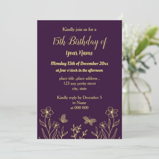 Invitation Fleur d'or simple violet anniversaire (Debout devant)