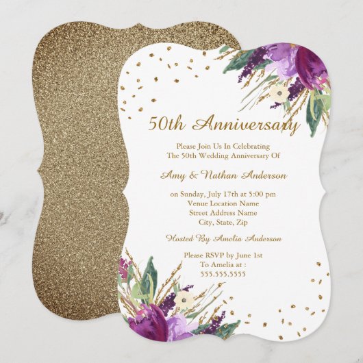 Invitation Fleur d'or violette aquarelle 50e anniversaire (Devant / Derrière)